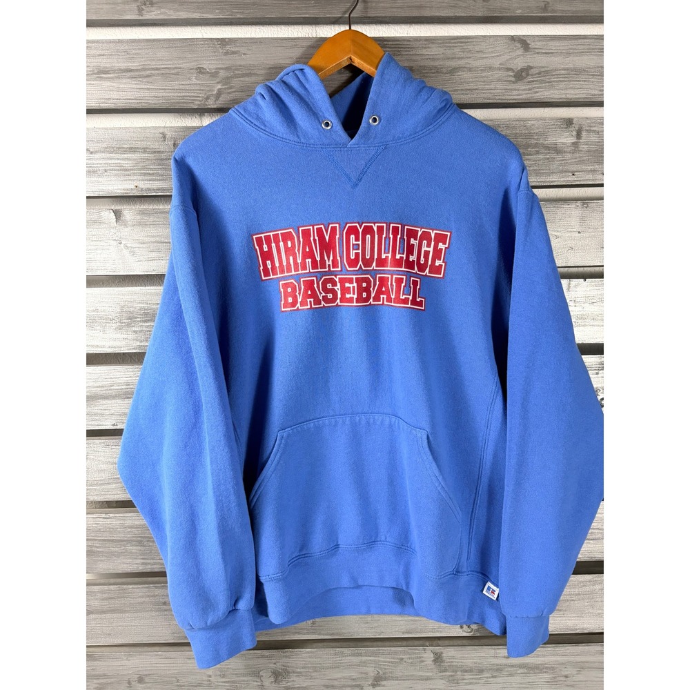 Russell Athletic Hiram College Baseball Hoodie Mens Large Blue Sweatshirt vtg